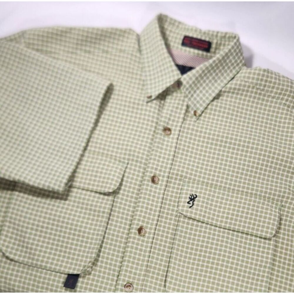 men's BROWNING s/s‎ vented RBO Trekwear Green check fishing hiking hunt sz M